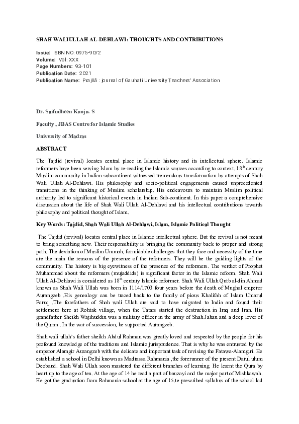 (DOC) SHAH WALIULLAH ALDEHLAWI THOUGHTS AND CONTRIBUTIONS