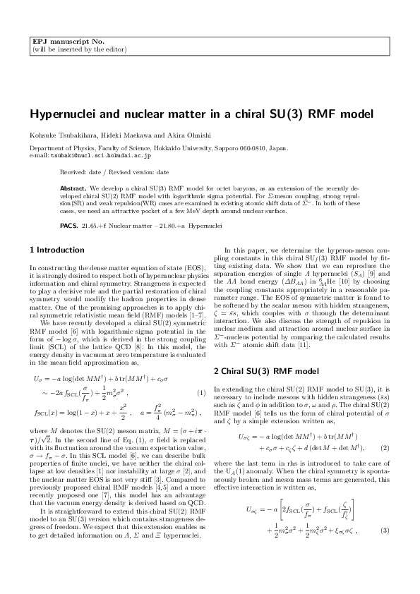 (PDF) Hypernuclei and nuclear matter in a chiral SU(3) RMF model