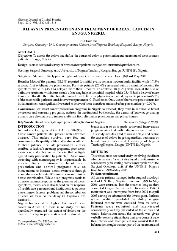 (PDF) Delays in presentation and treatment of breast cancer in Enugu ...