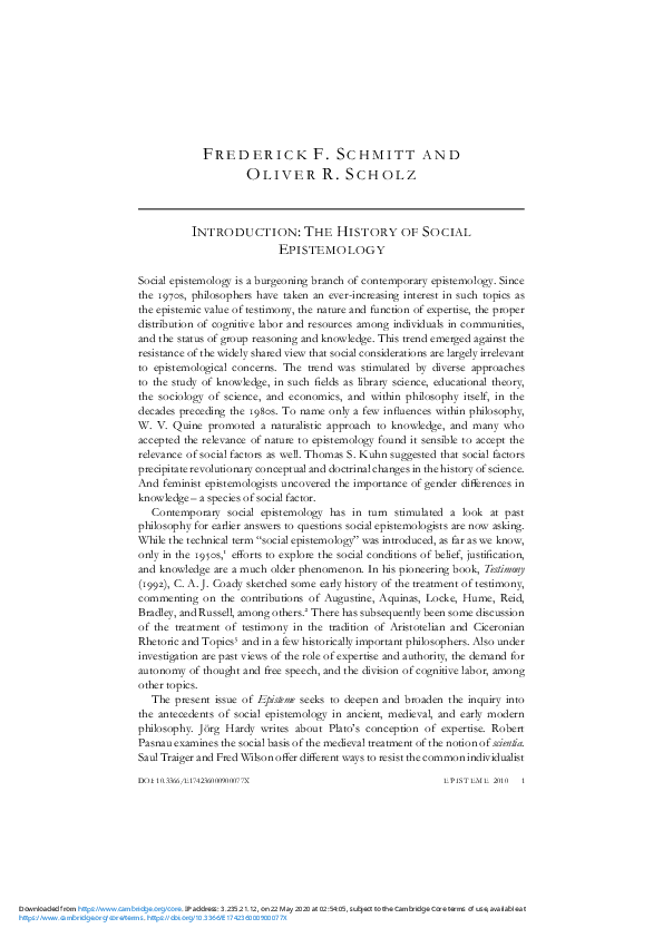 (PDF) Introduction: The History of Social Epistemology