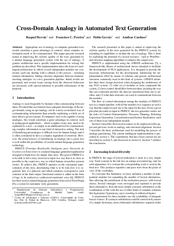 (PDF) Cross-Domain Analogy in Automated Text Generation