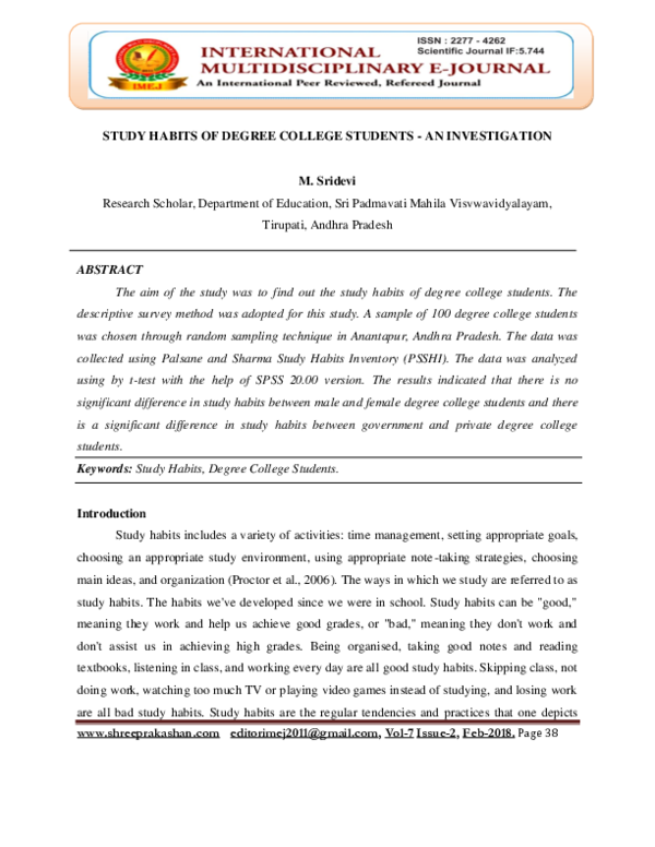 (PDF) STUDY HABITS OF DEGREE COLLEGE STUDENTS -AN INVESTIGATION