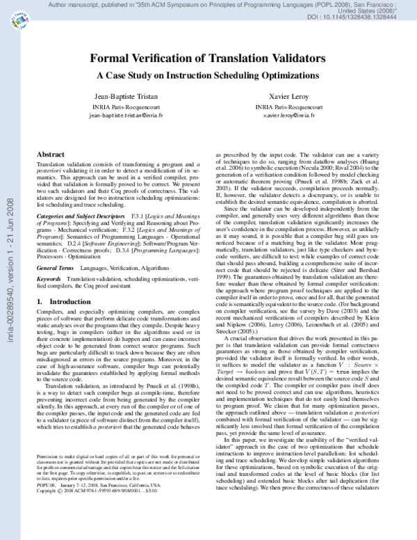 (PDF) Formal verification of translation validators A case study on
