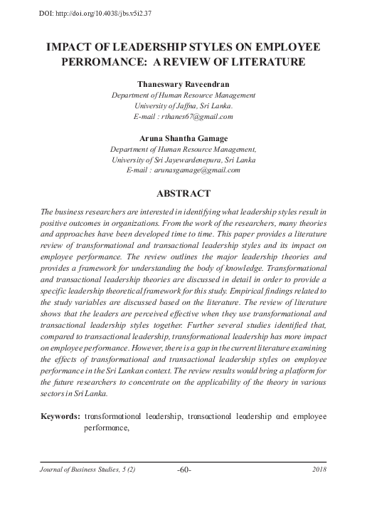 (PDF) Impact of leadership styles on employee perromance: a review of ...