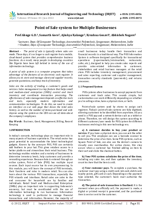 (PDF) Point of Sale system for Multiple Businesses IRJET Journal