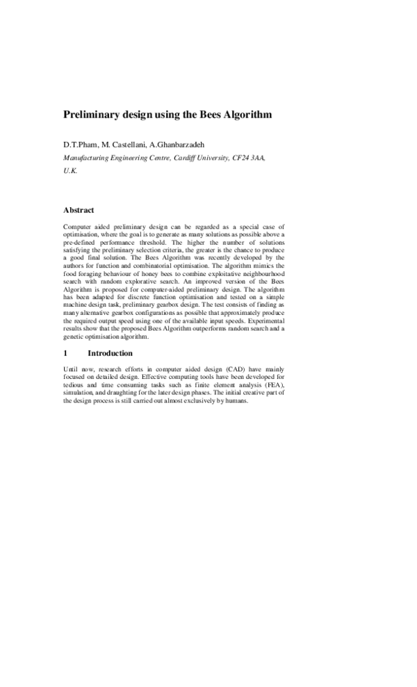 (PDF) Preliminary design using the Bees Algorithm