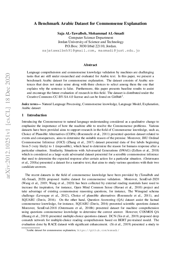 (PDF) A Benchmark Arabic Dataset for Commonsense Explanation