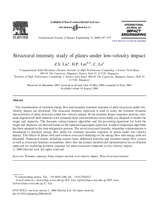 (PDF) STRUCTURAL INTENSITY STUDY OF PLATES UNDER LOW VELOCITY IMPACT