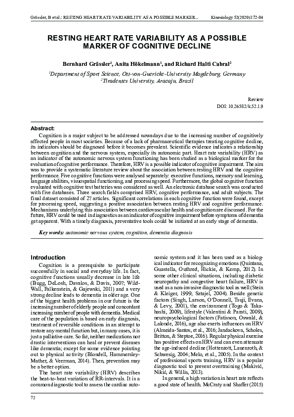 (PDF) Resting heart rate variability as a possible marker of cognitive ...