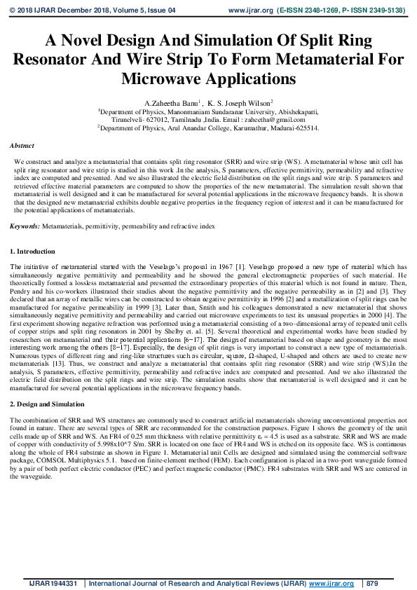 (PDF) A Novel Design And Simulation Of Split Ring Resonator And Wire ...
