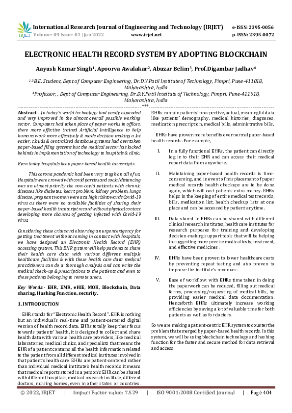(PDF) ELECTRONIC HEALTH RECORD SYSTEM BY ADOPTING BLOCKCHAIN