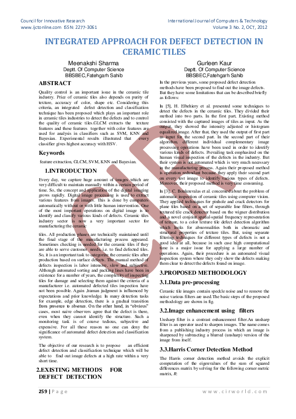 (PDF) Integrated Approach for Defect Detection in Ceramic Tiles