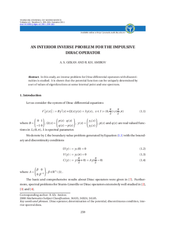 (PDF) An interior inverse problem for the impulsive Dirac operator