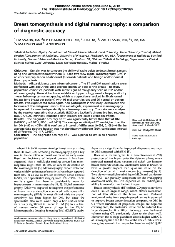 (PDF) Breast tomosynthesis and digital mammography: a comparison of ...