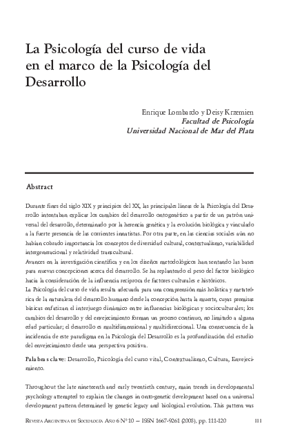 (PDF) La Psicología del curso de vida en el marco de la Psicología del ...