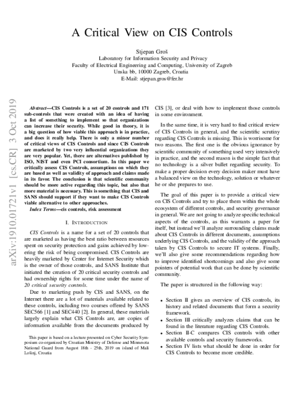 (PDF) A Critical View on CIS Controls