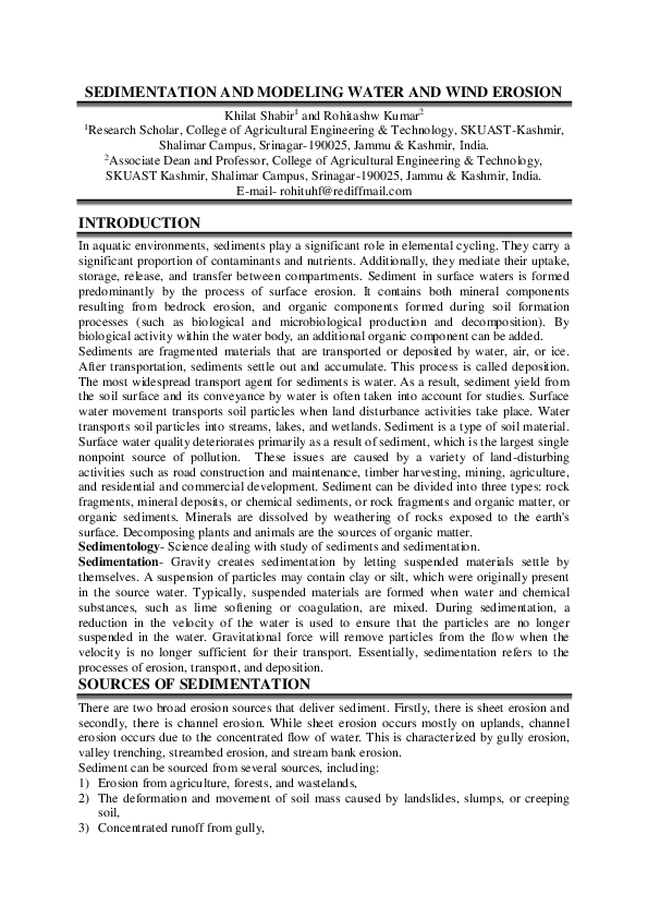 (PDF) SEDIMENTATION AND MODELING WATER AND WIND EROSION