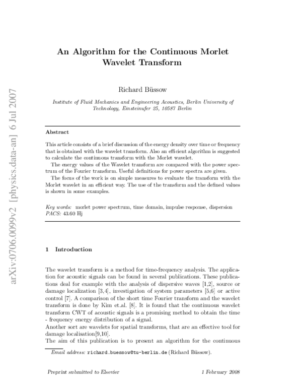 (PDF) An algorithm for the continuous Morlet wavelet transform ...