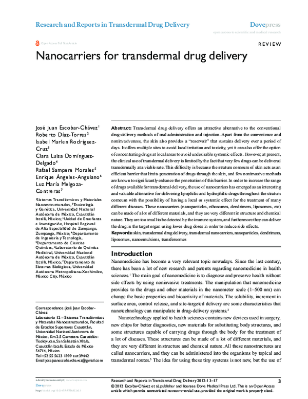 (PDF) Nanocarriers for transdermal drug delivery | Jose Escobar-Chavez ...