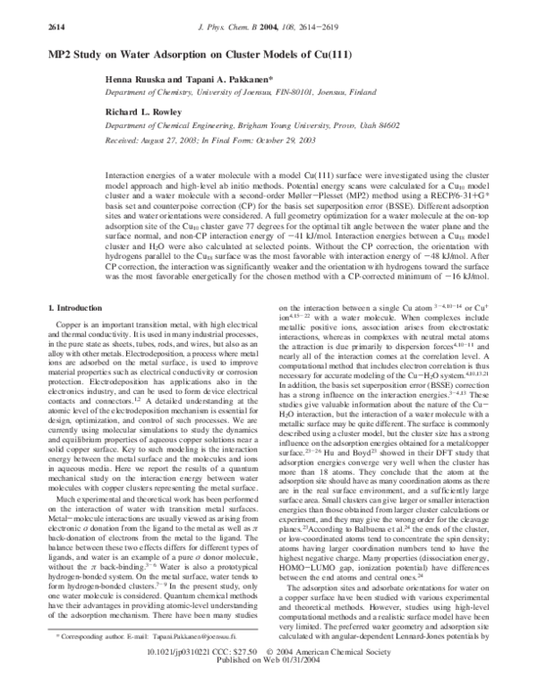 (PDF) MP2 Study on Water Adsorption on Cluster Models of Cu(111)