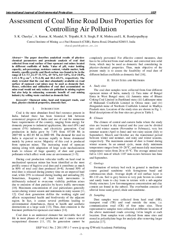 (PDF) Assessment of Coal Mine Road Dust Properties for Controlling Air ...
