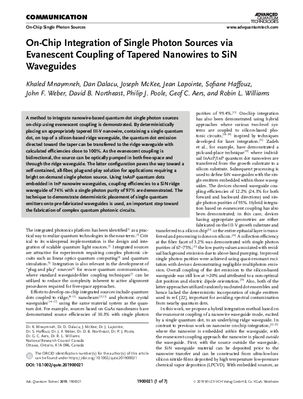 (PDF) On‐Chip Integration of Single Photon Sources via Evanescent ...