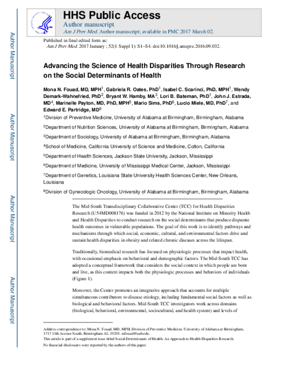 (PDF) Advancing the Science of Health Disparities Through Research on ...