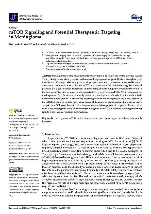 (PDF) mTOR Signaling and Potential Therapeutic Targeting in Meningioma