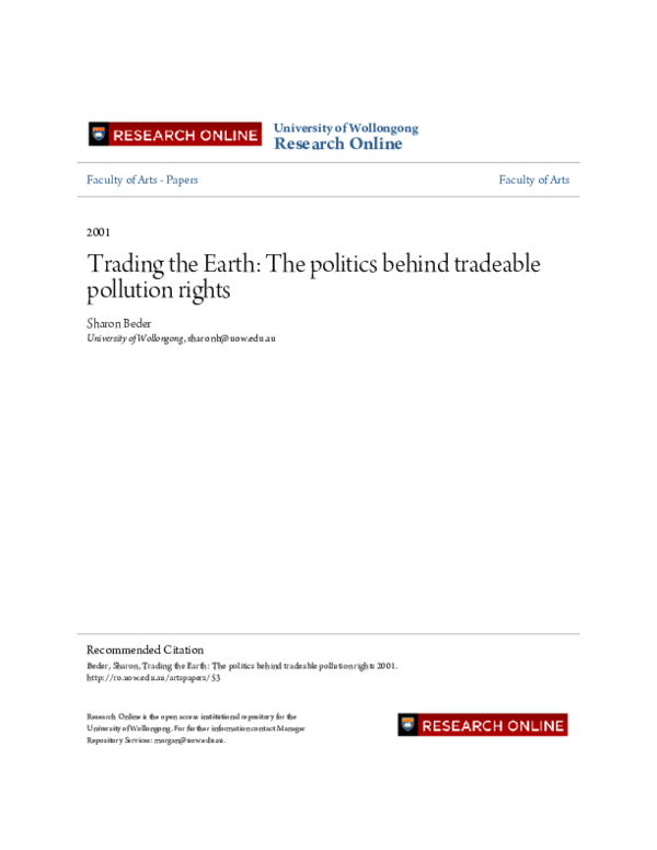 (PDF) Trading the Earth: The politics behind tradeable pollution rights