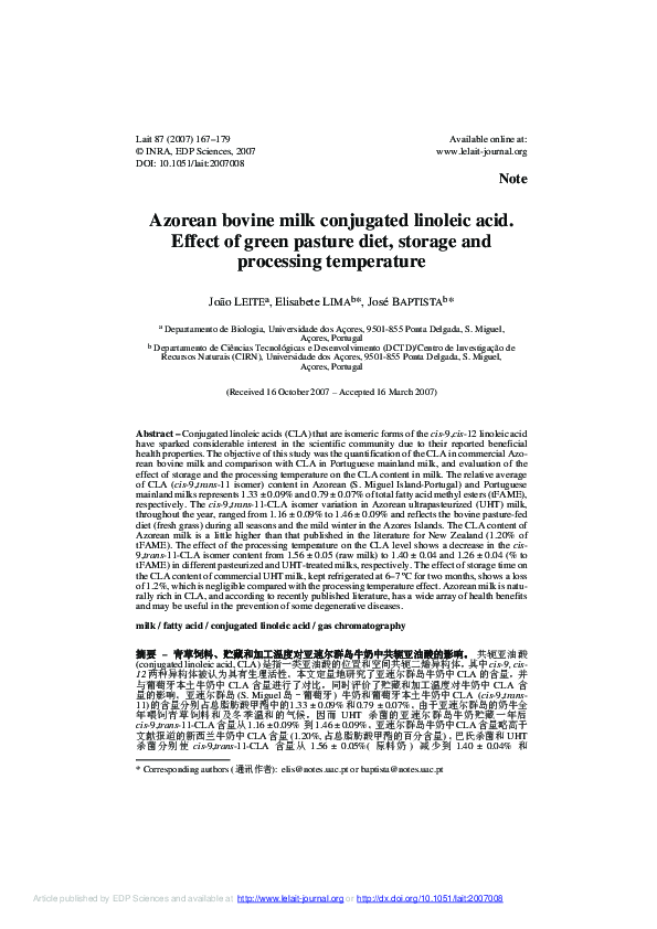 (PDF) Azorean bovine milk conjugated linoleic acid. Effect of green ...