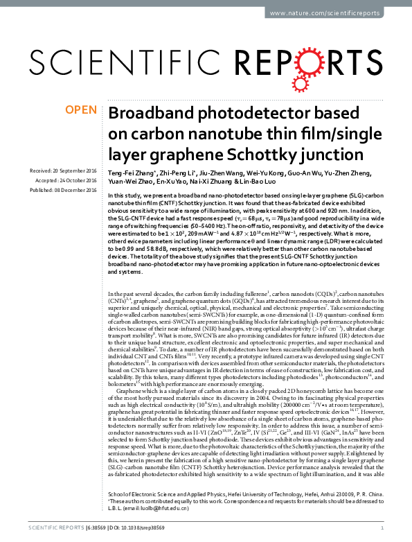 (PDF) Broadband photodetector based on carbon nanotube thin film/single ...