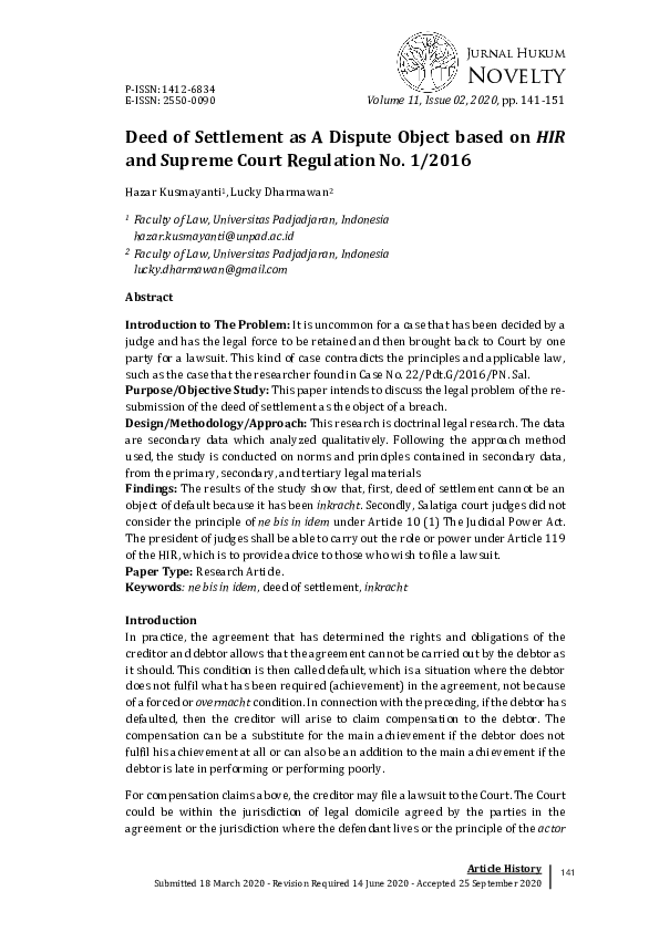 (PDF) Deed of Settlement as A Dispute Object based on HIR and Supreme ...