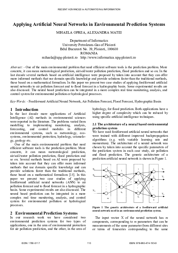 (PDF) Applying artificial neural networks in environmental prediction ...
