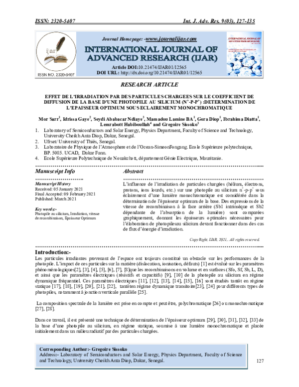 Effet De Lirradiation Par Des Particules Chargees Sur Le Coefficient De Diffusion De La Base Dune Photopile Au Silicium (N+-P-P+) :Determination De Lepaisseur Optimum Sous Eclairement Monochromatique