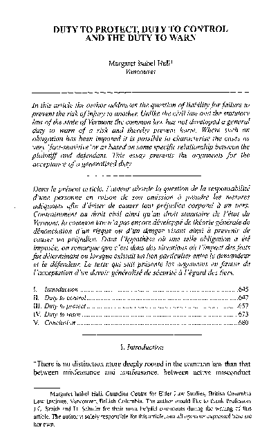 (PDF) Duty to Protect, Duty to Control and the Duty to Warn