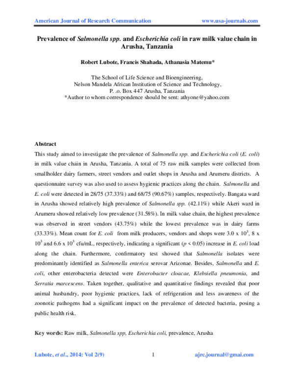 (PDF) Prevalence of Salmonella spp. and Escherichia coli in raw milk ...