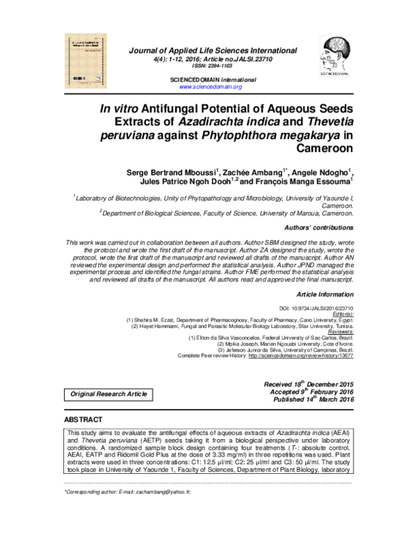 (PDF) In vitro Antifungal Potential of Aqueous Seeds Extracts of ...
