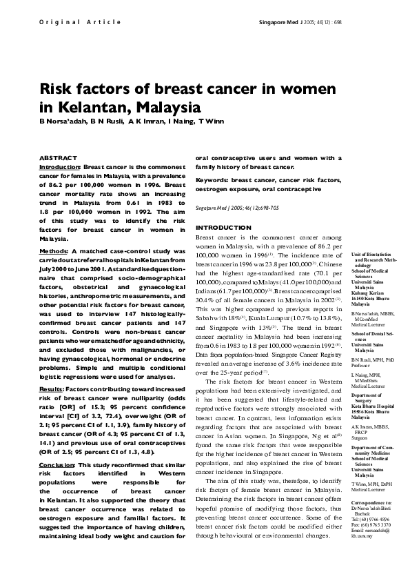 (PDF) Risk factors of breast cancer in women in Kelantan, Malaysia
