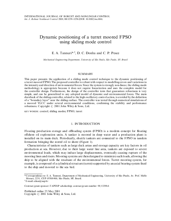(PDF) Dynamic positioning of a turret moored FPSO using sliding mode ...