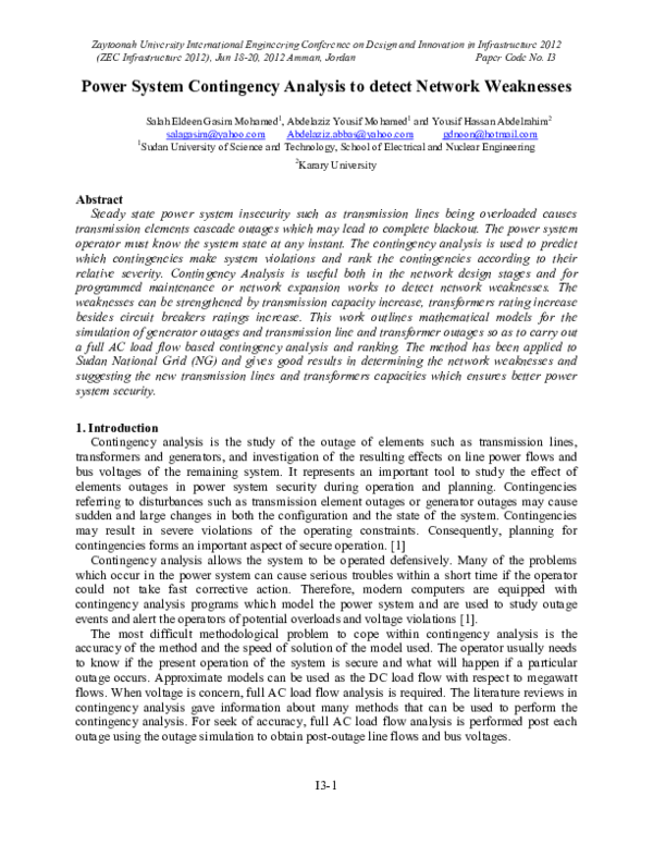 (PDF) Power System Contingency Analysis to detect Network Weaknesses