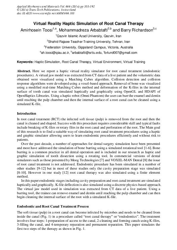 (PDF) Virtual Reality Haptic Simulation of Root Canal Therapy