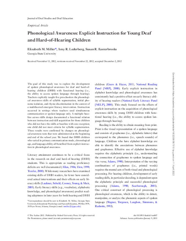 (PDF) Phonological Awareness: Explicit Instruction for Young Deaf and ...