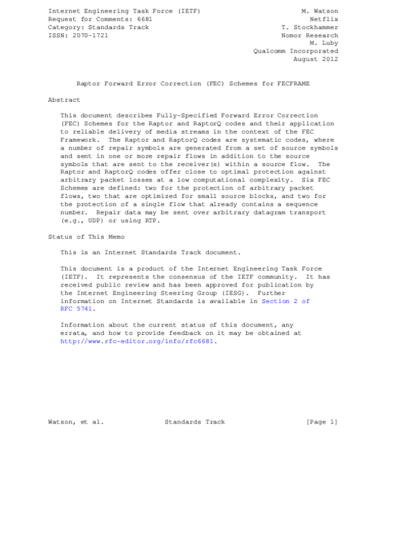 (PDF) Raptor Forward Error Correction (FEC) Schemes for FECFRAME