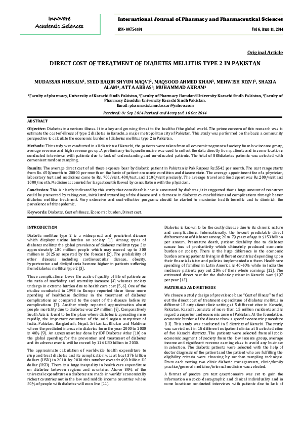 (PDF) Direct Cost of Treatment of Diabetes Mellitus Type 2 in Pakistan