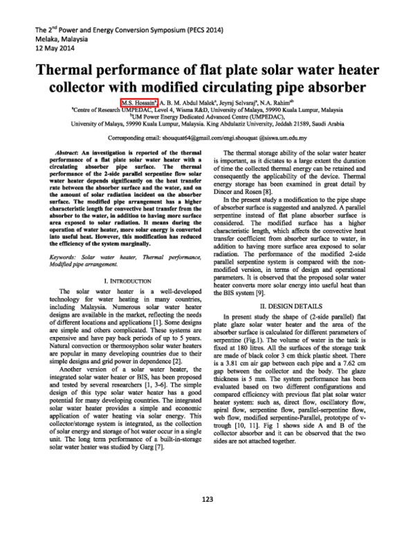 (PDF) Thermal performance of flat plate solar water heater collector ...