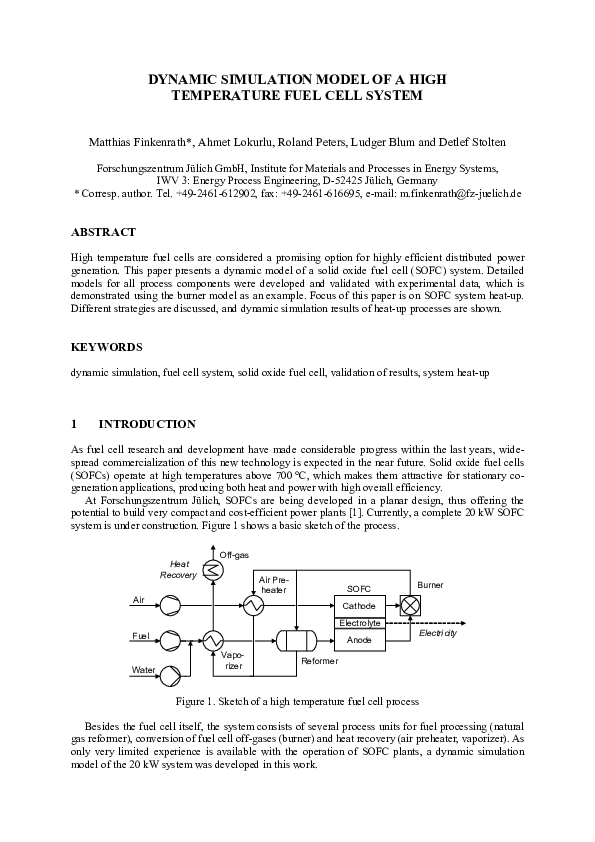 (PDF) Dynamic Simulation Model of a High Temperature Fuel Cell System