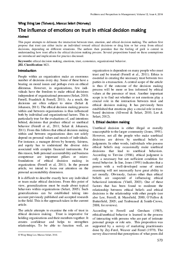 (PDF) The influence of emotions on trust in ethical decision making