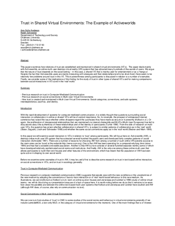 (PDF) Trust in Shared Virtual Environments: The Example of Activeworlds