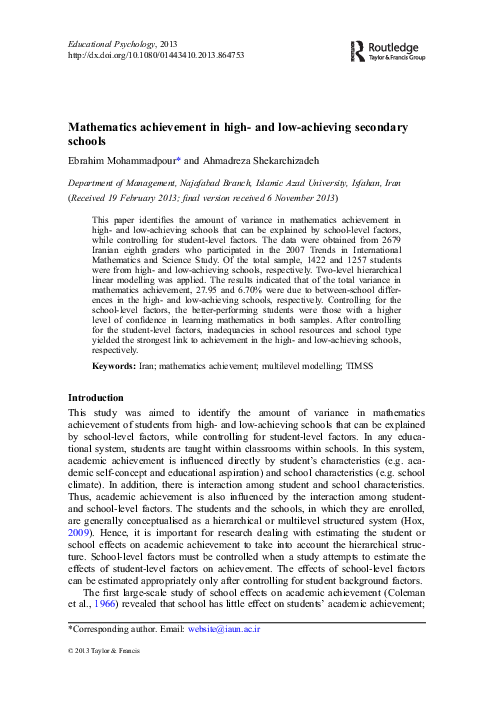 (PDF) Mathematics achievement in high- and low-achieving secondary schools