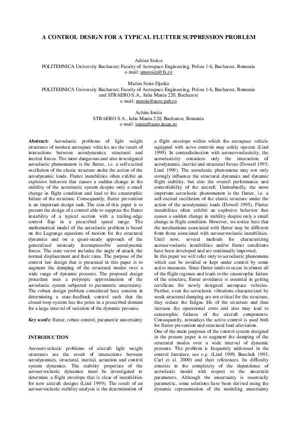 (PDF) A Control Design for a Typical Flutter Suppression Problem